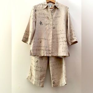 Vintage Chicos Design Linen Native Tribal Hieroglyphs Print Coordinates Shirt